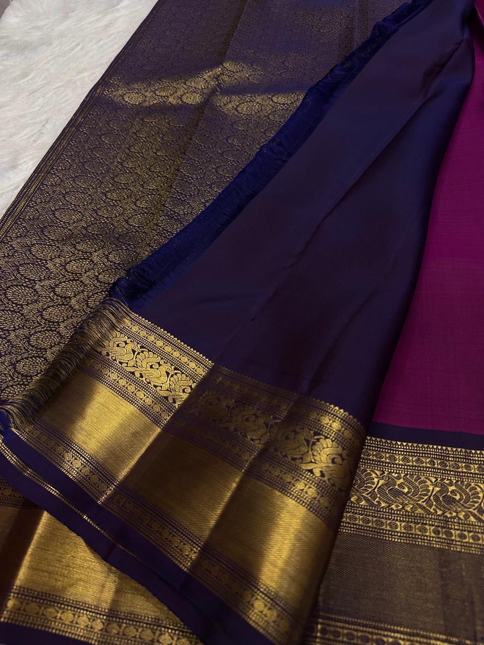 Deep Raspberry Kanjeevaram Saree — full drape, pure silk Kanchipuram handwoven — Idam Living