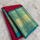 Raspberry Pink pure silk Kanjeevaram saree, Korvai weave with Peacock Teal Zari border — pallu detail