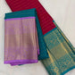 Raspberry Pink pure silk Kanjeevaram saree, Korvai weave with Peacock Teal Zari border — body weave close-up