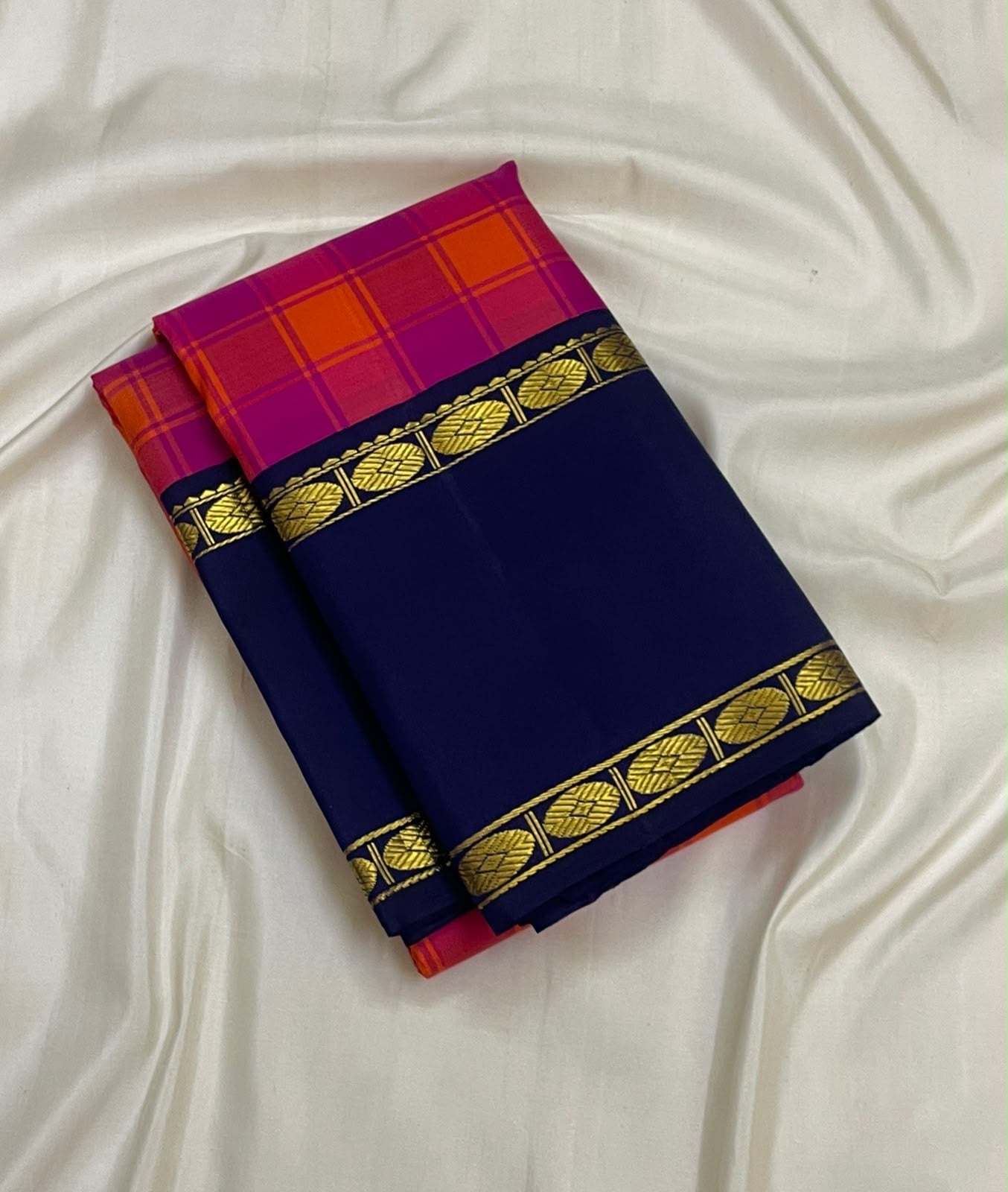 Raspberry Pink and Orange Handwoven Pure Silk Kanjeevaram Saree with Kanchi Kattam and Navy Rettapet Border