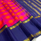 Raspberry Pink and Orange Handwoven Pure Silk Kanjeevaram Saree with Kanchi Kattam and Navy Rettapet Border