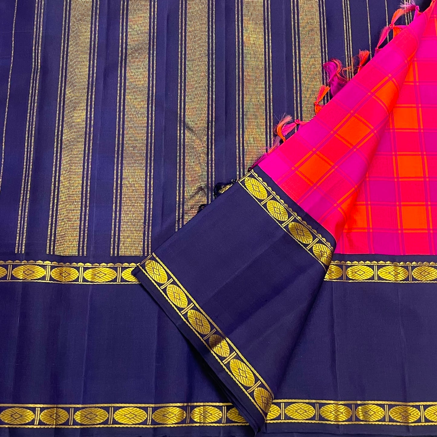 Raspberry Pink and Orange Handwoven Pure Silk Kanjeevaram Saree with Kanchi Kattam and Navy Rettapet Border