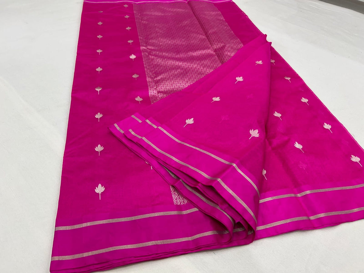 Raspberry pink handloom Pattu Silk Chanderi saree with lotus buttas and metallic patterned pallu