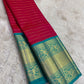 Raspberry Pink pure silk Kanjeevaram saree, Korvai weave with Peacock Teal Zari border — full drape view