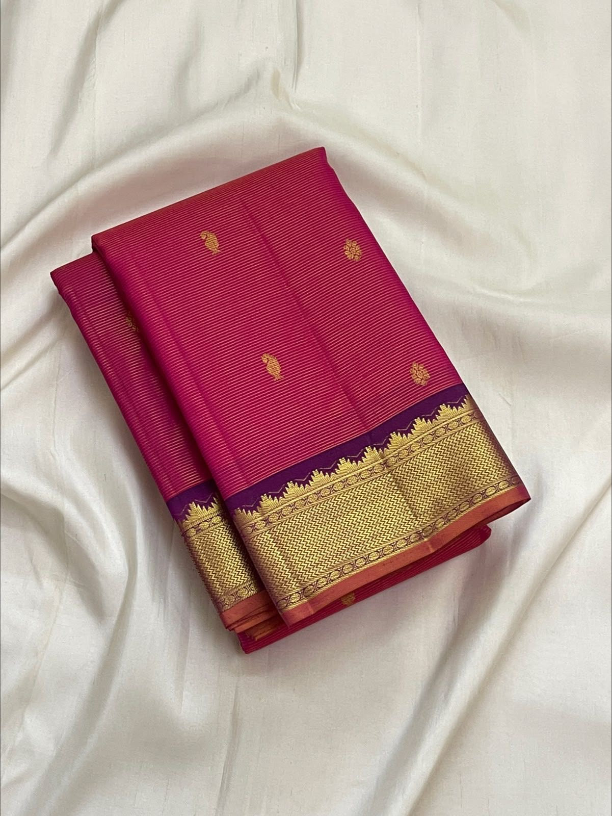 Raspberry Pink Handwoven Pure Silk Kancheepuram Vairaoosi Saree with Gold Zari Buttas and Aubergine Border