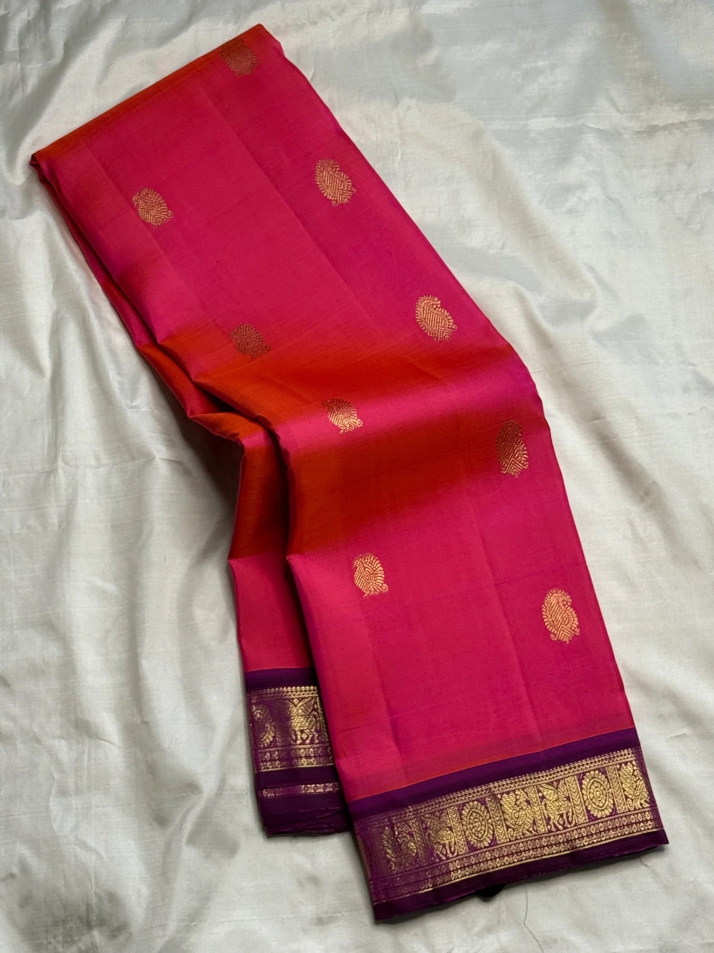 Raspberry Pink pure silk KanchiPattu saree — korvai border, full drape