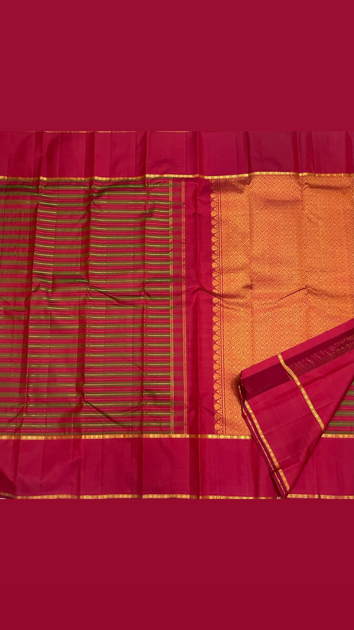 Reddish-pink Rettapet border with raspberry undertones edged in antique-gold zari on a vintage Kanjivaram saree