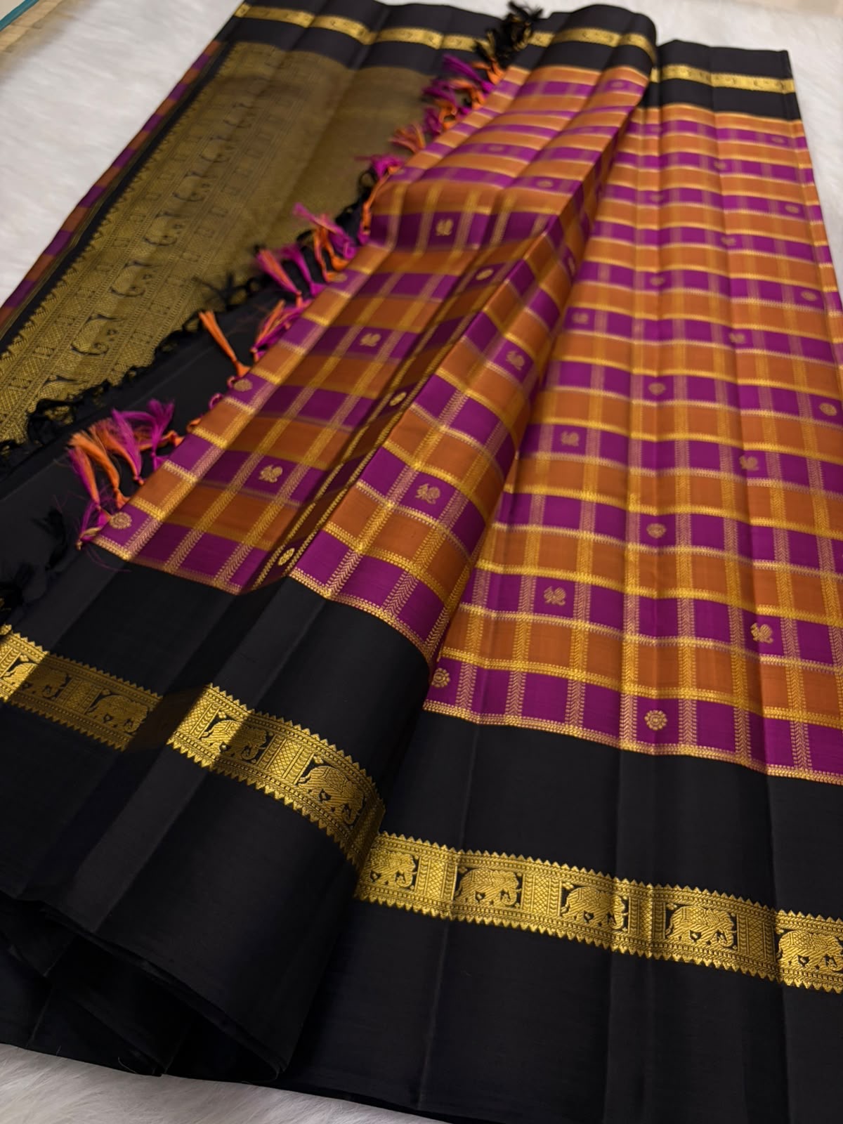 Raspberry pink and rust orange Zari Kattam Kancheepuram saree — full saree overview — Idam Living