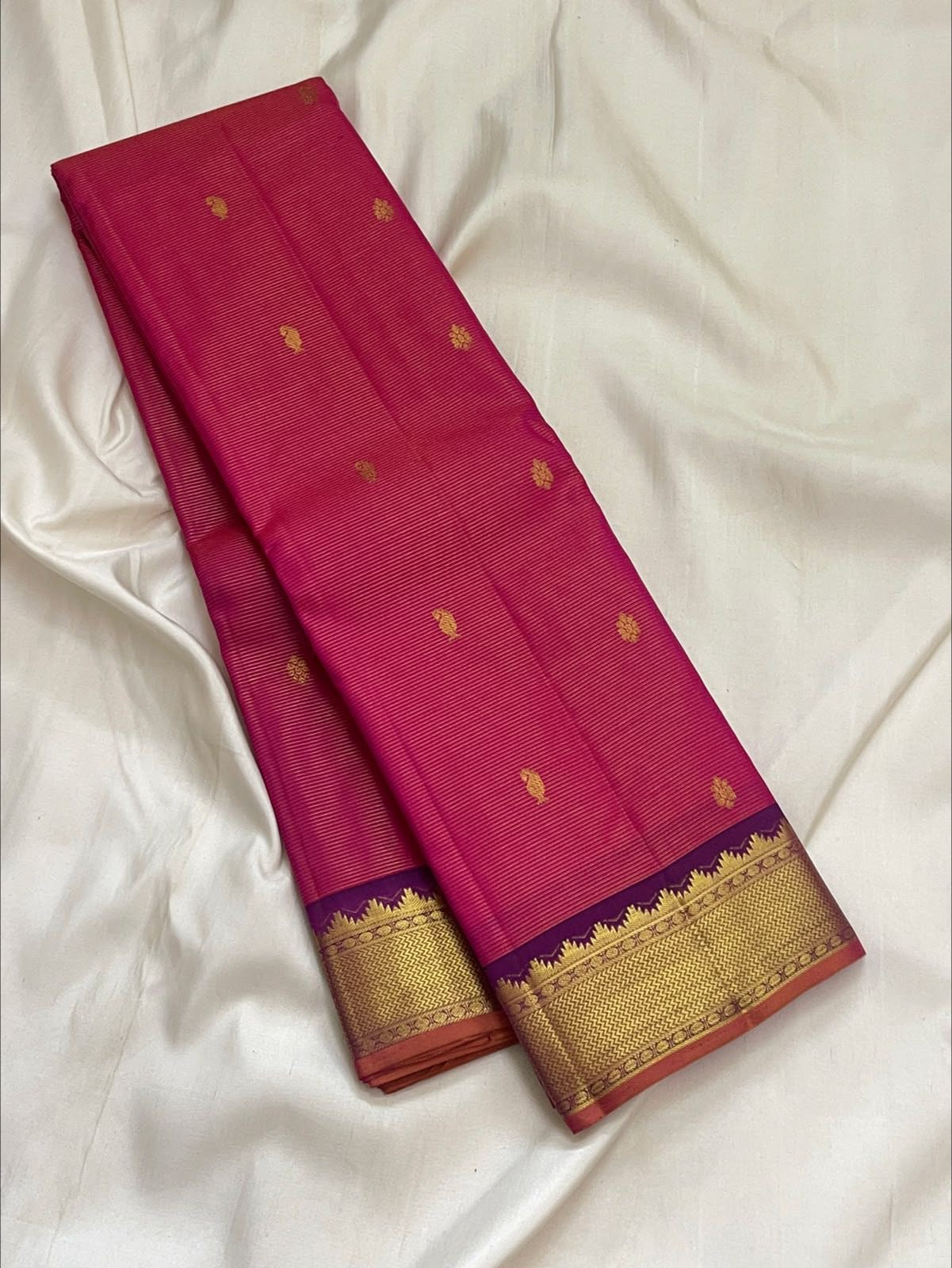 Raspberry Pink Handwoven Pure Silk Kancheepuram Vairaoosi Saree with Gold Zari Buttas and Aubergine Border