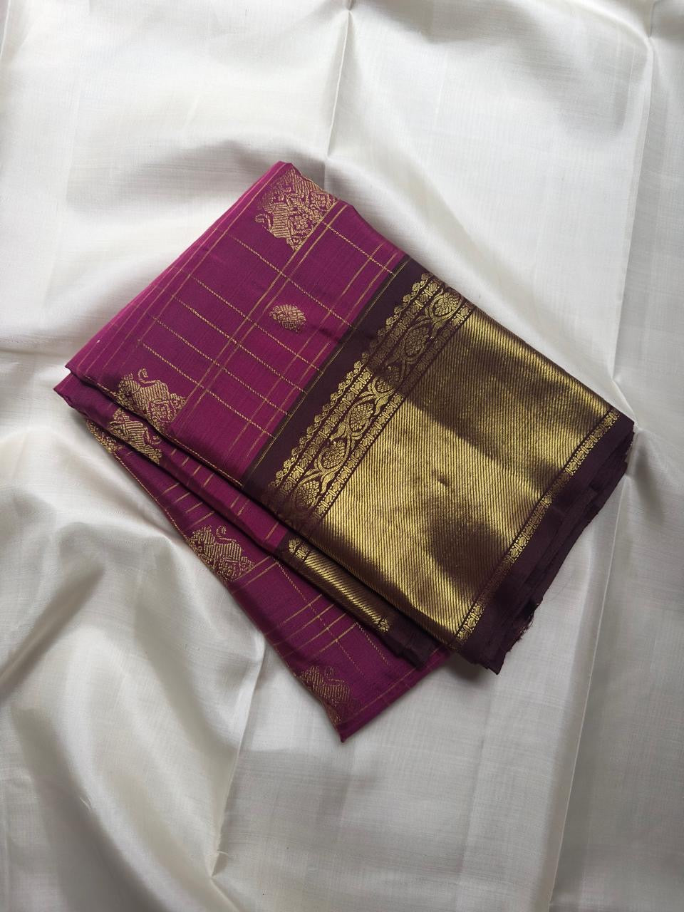 Raspberry purple handwoven pure silk Zari Kattam KanchiPattu saree — full saree overview — Idam Living