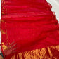 Raspberry red Chanderi Katan Silk saree draped with repeated peacock motif border and gold woven pallu