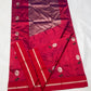 Raspberry Red handloom Pattu Silk Chanderi saree with silver floral buttas, green leaves and broad silver woven pallu