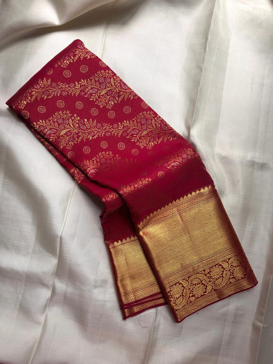 Raspberry Red Handwoven Pure Silk Kanchipuram Saree with Floral Butta and Gold Border
