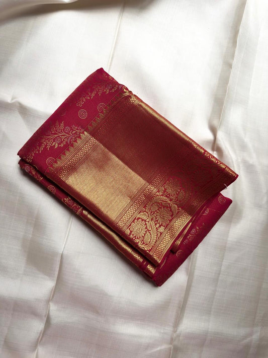 Raspberry Red Handwoven Pure Silk Kanchipuram Saree with Floral Butta and Gold Border
