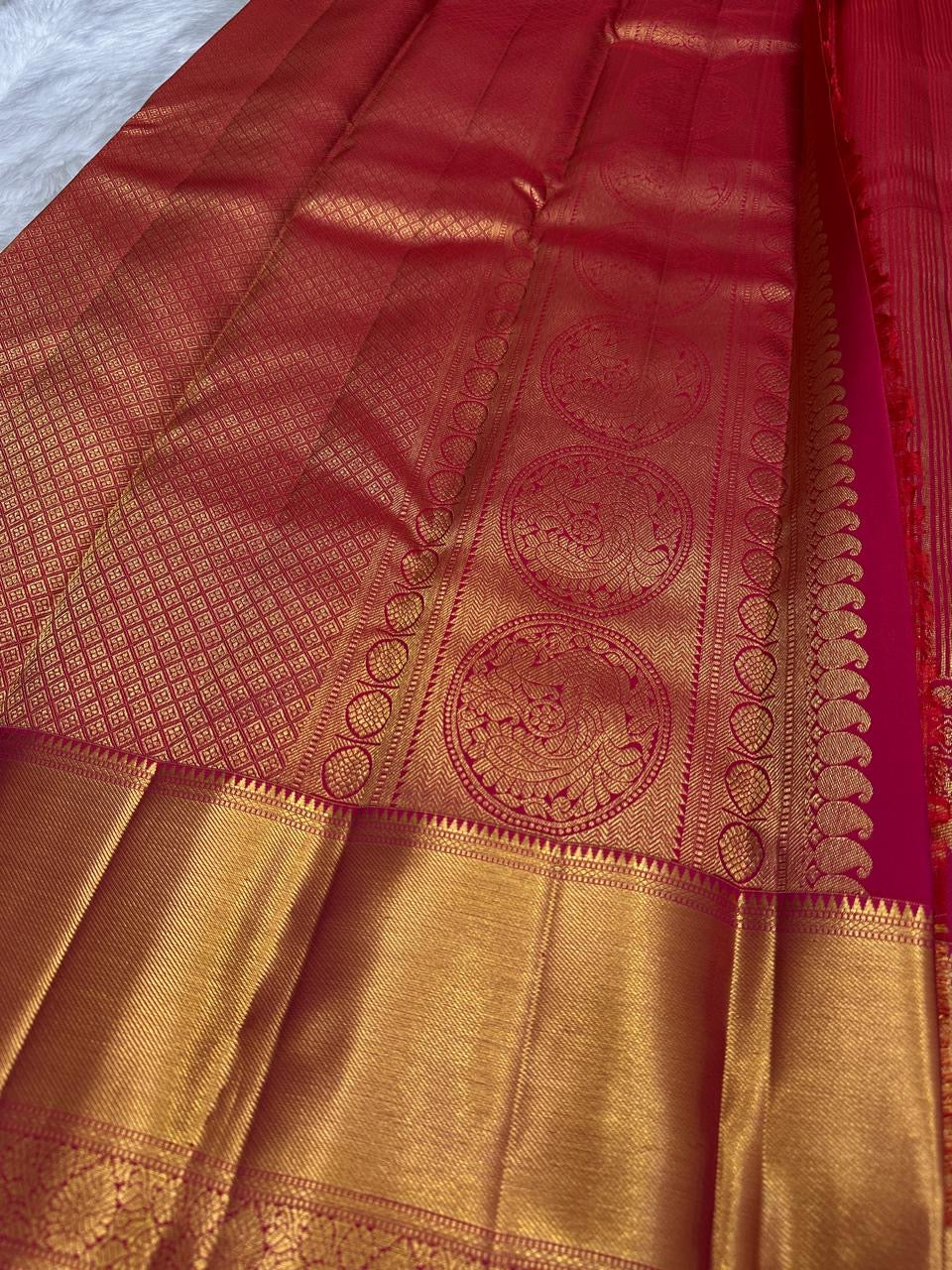 Raspberry Red Handwoven Pure Silk Kanchipuram Saree with Floral Butta and Gold Border