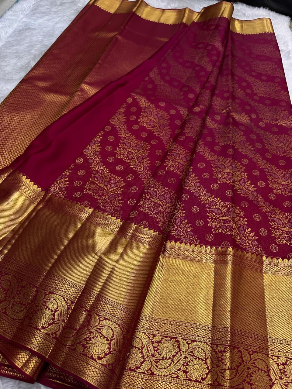 Raspberry Red Handwoven Pure Silk Kanchipuram Saree with Floral Butta and Gold Border