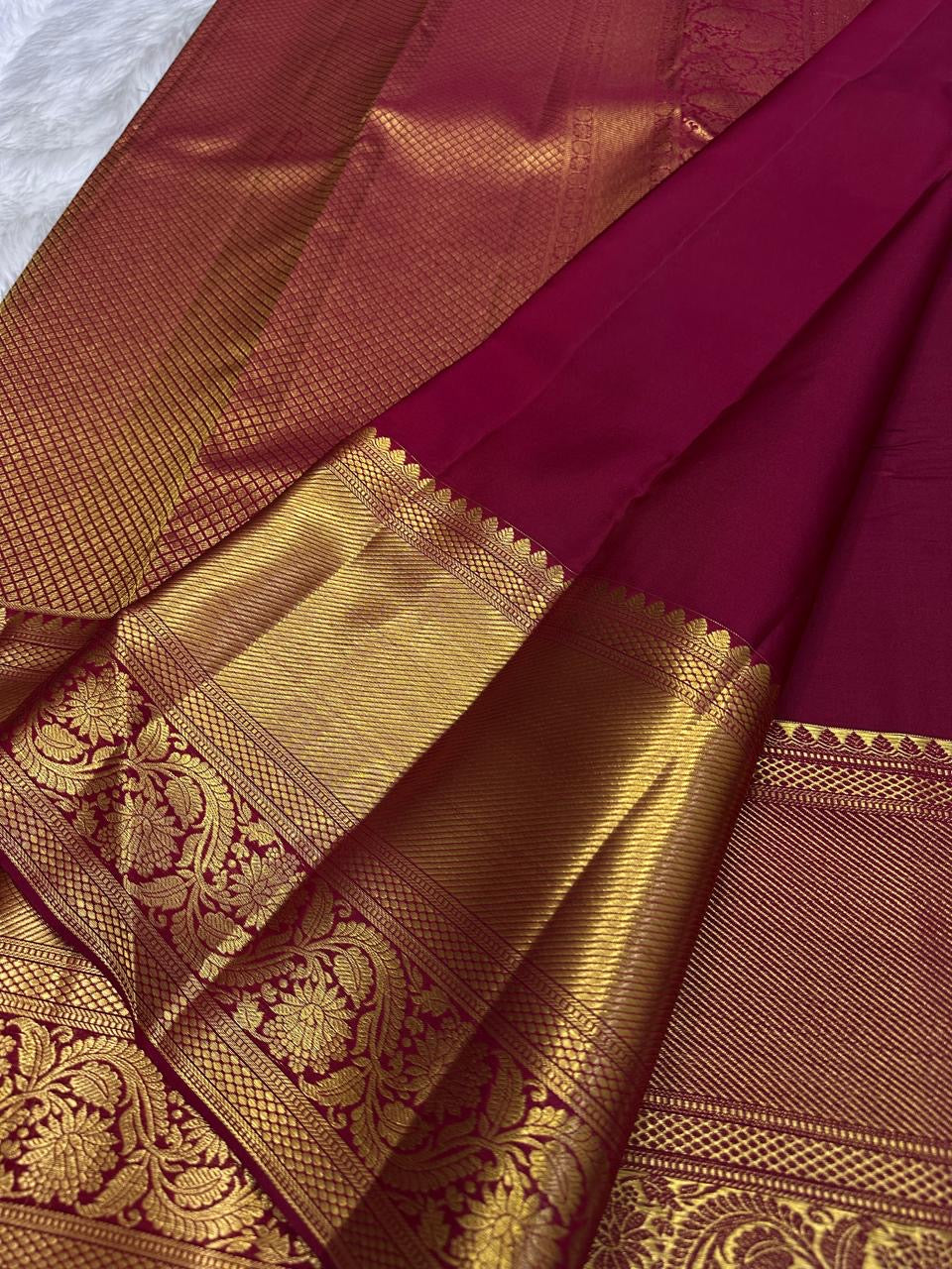 Raspberry Red Handwoven Pure Silk Kanchipuram Saree with Floral Butta and Gold Border