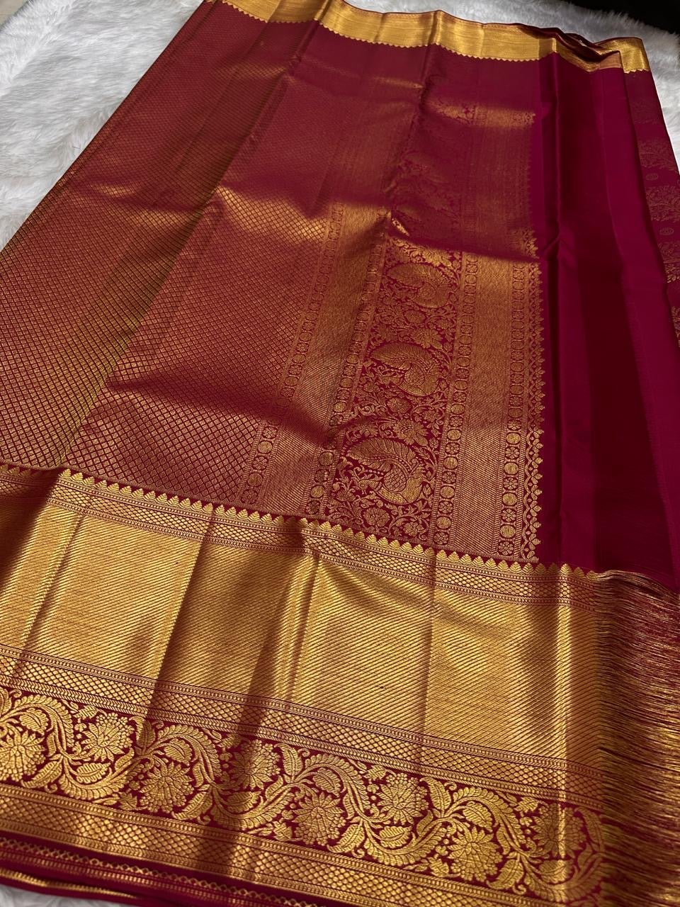 Raspberry Red Handwoven Pure Silk Kanchipuram Saree with Floral Butta and Gold Border