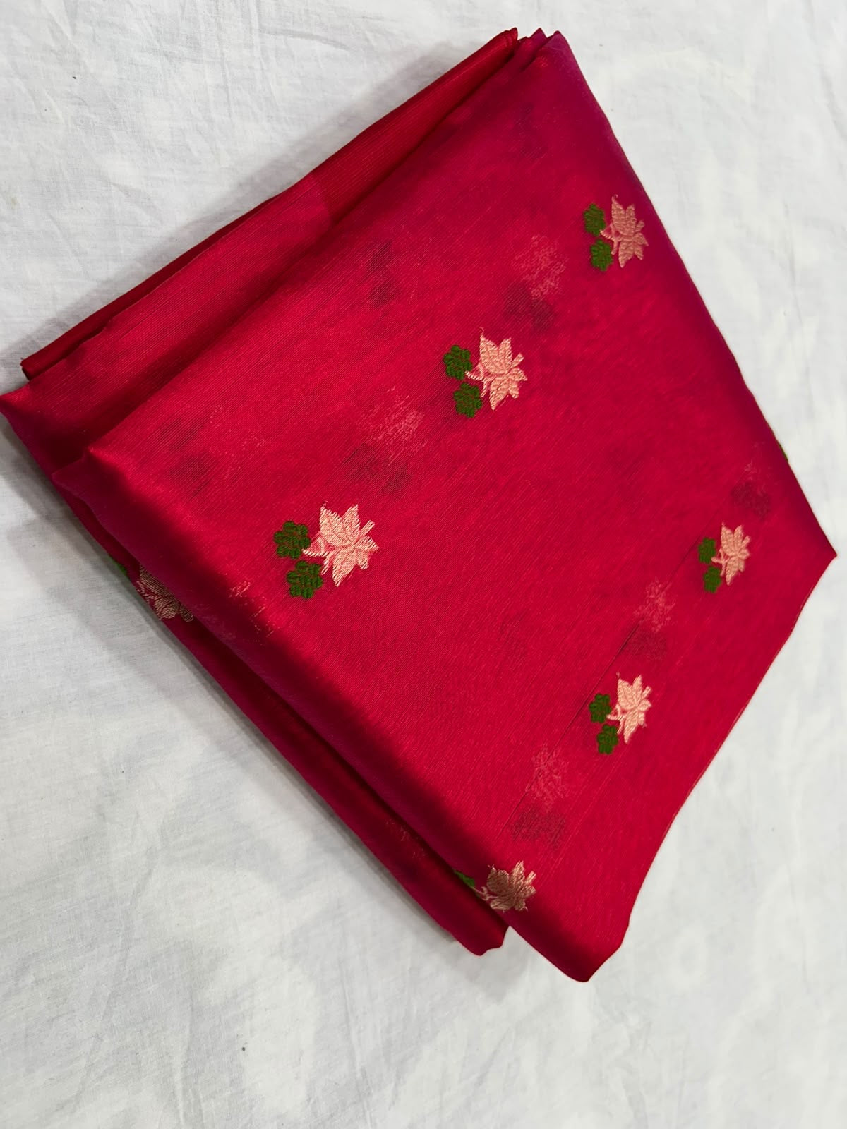 Raspberry-red Pattu Silk Chanderi with petite floral motifs