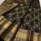 Raven Black Handwoven Pure Silk Kanjeevaram Saree with Zari Kattam and Antique Gold Peacock Border