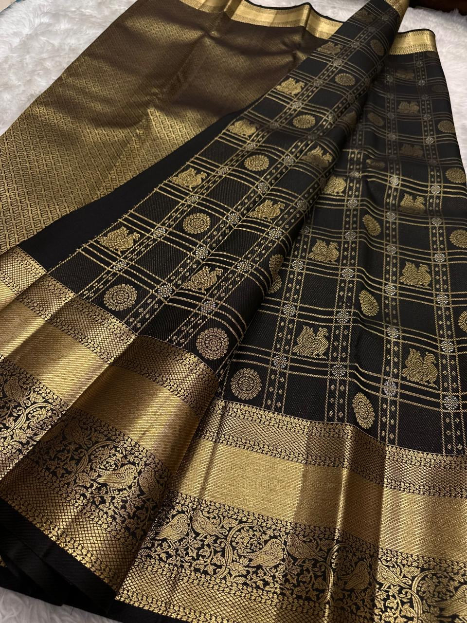Raven Black Handwoven Pure Silk Kanjeevaram Saree with Zari Kattam and Antique Gold Peacock Border