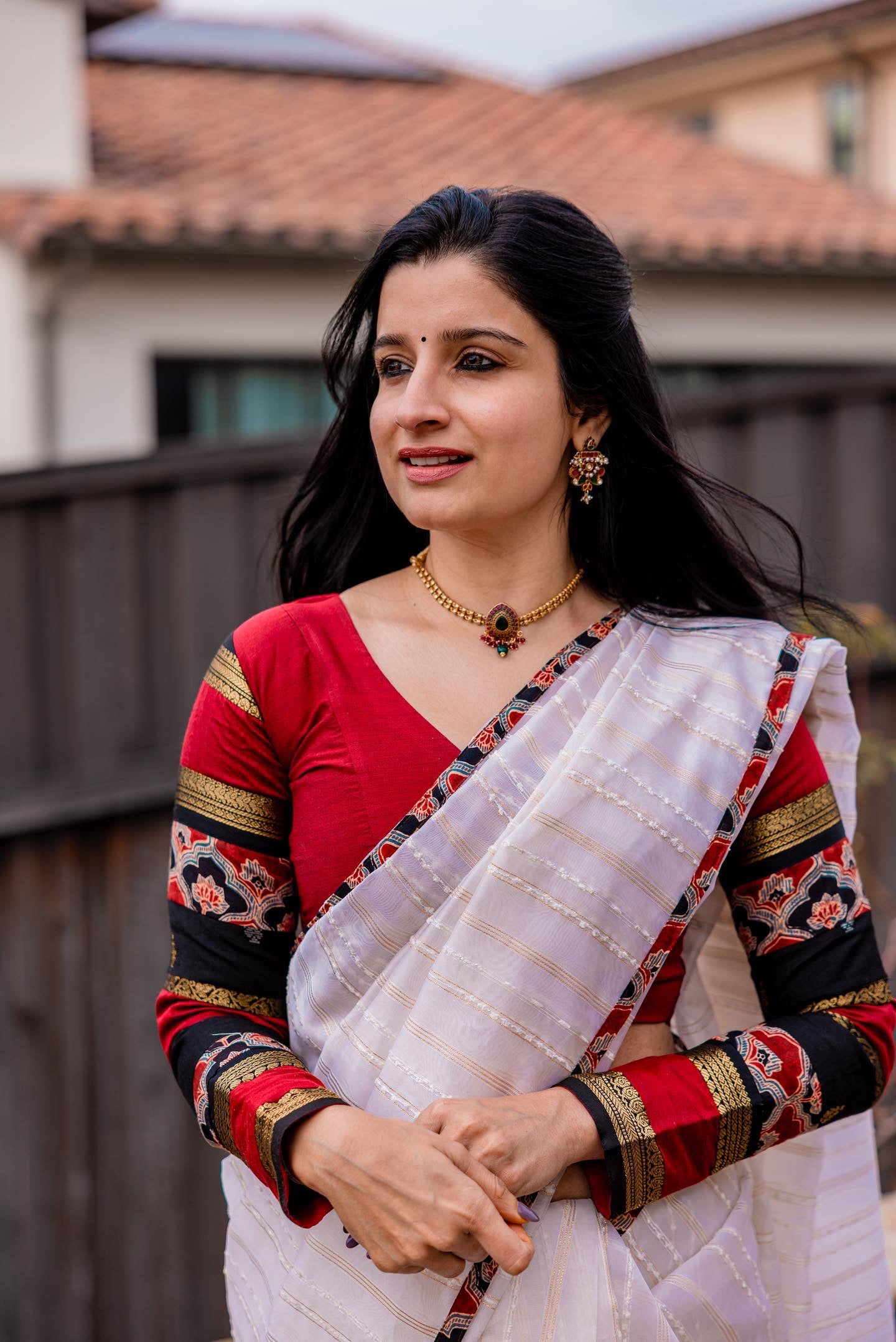 Designer handcrafted silk blouse with zari borders and patchwork textile composition by Idam Living