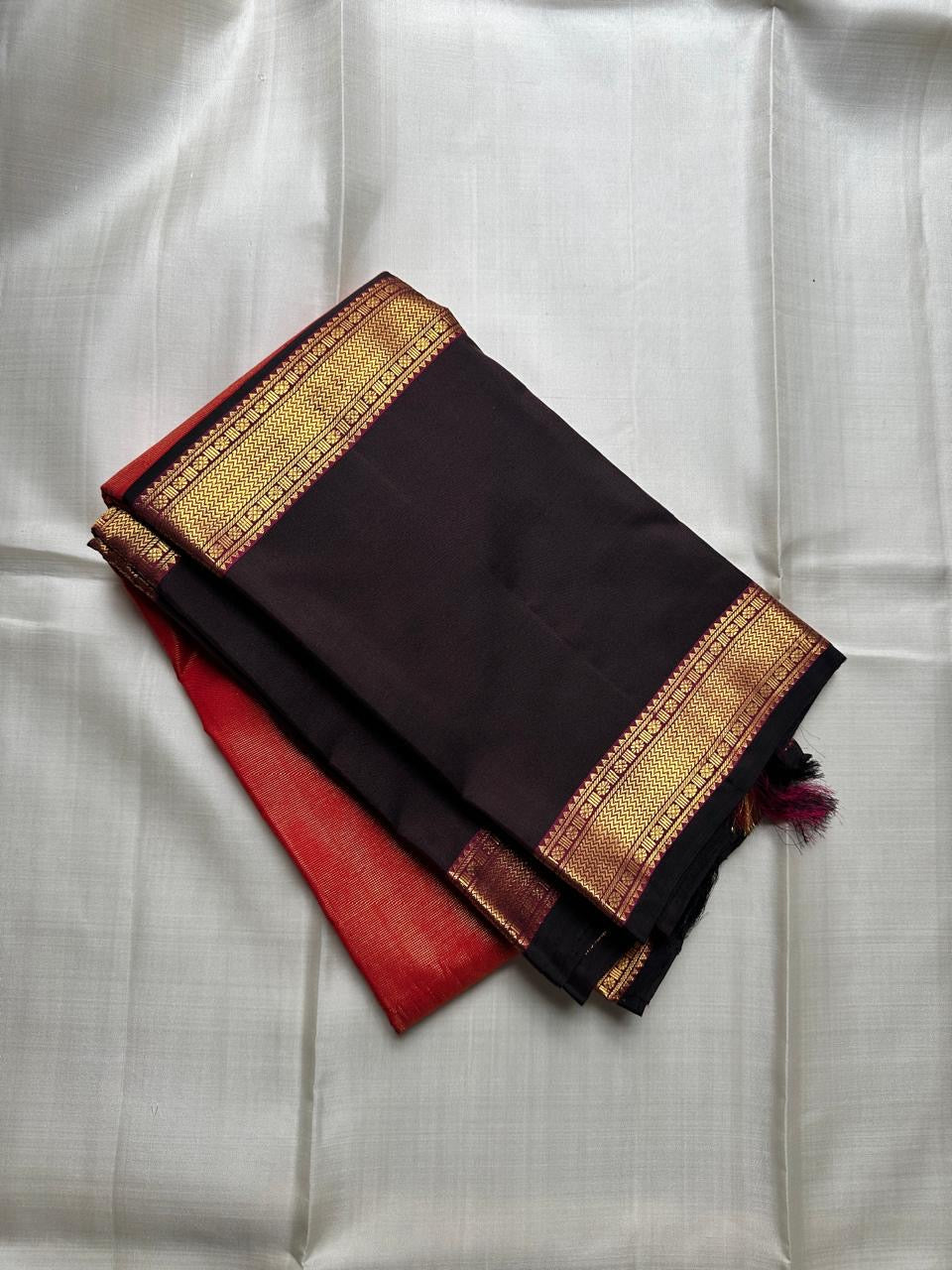 Red and Black Handwoven Pure Silk Kanchi Pattu Saree with Gold Zari Varisaipet Border