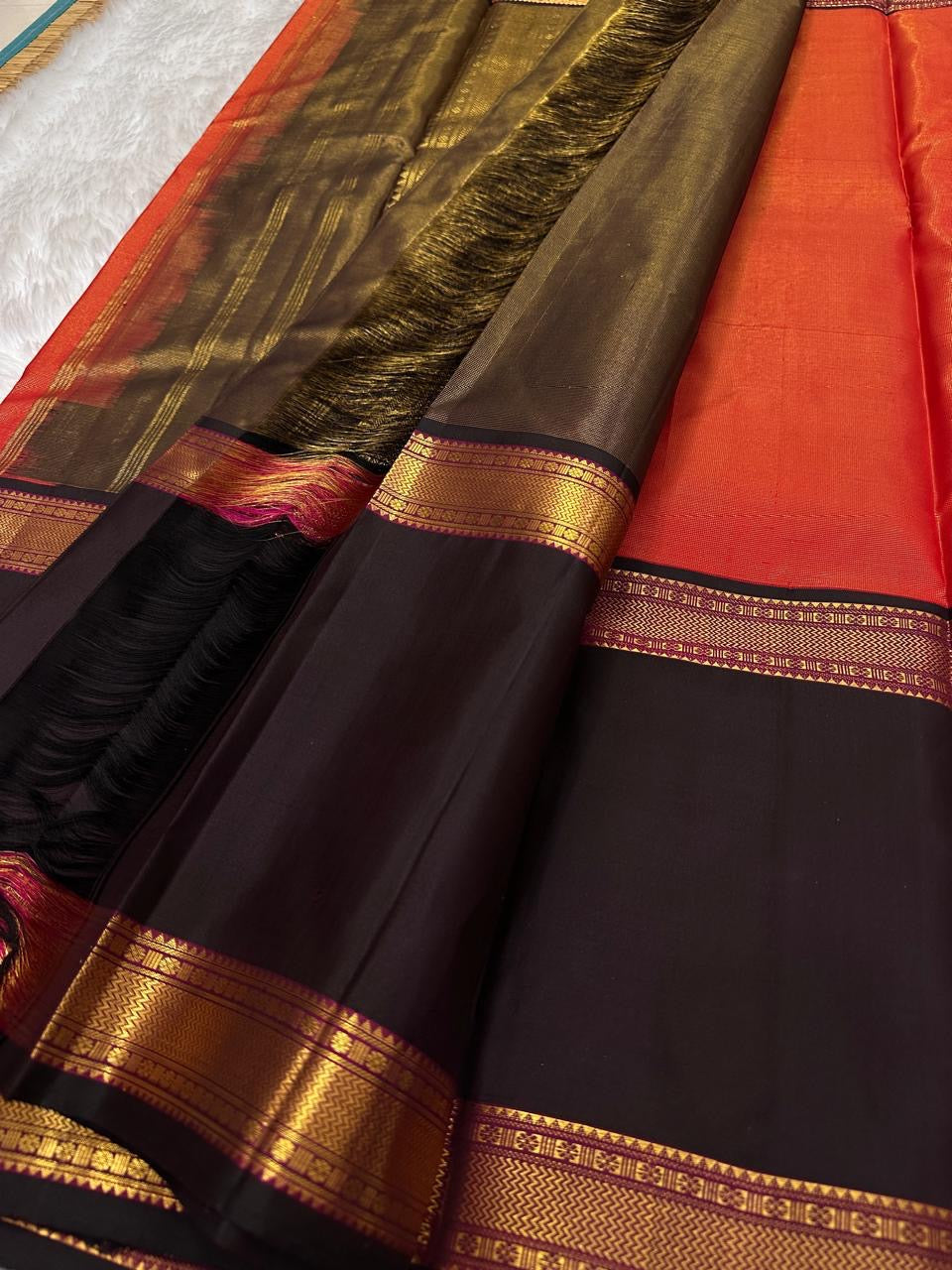 Red and Black Handwoven Pure Silk Kanchi Pattu Saree with Gold Zari Varisaipet Border