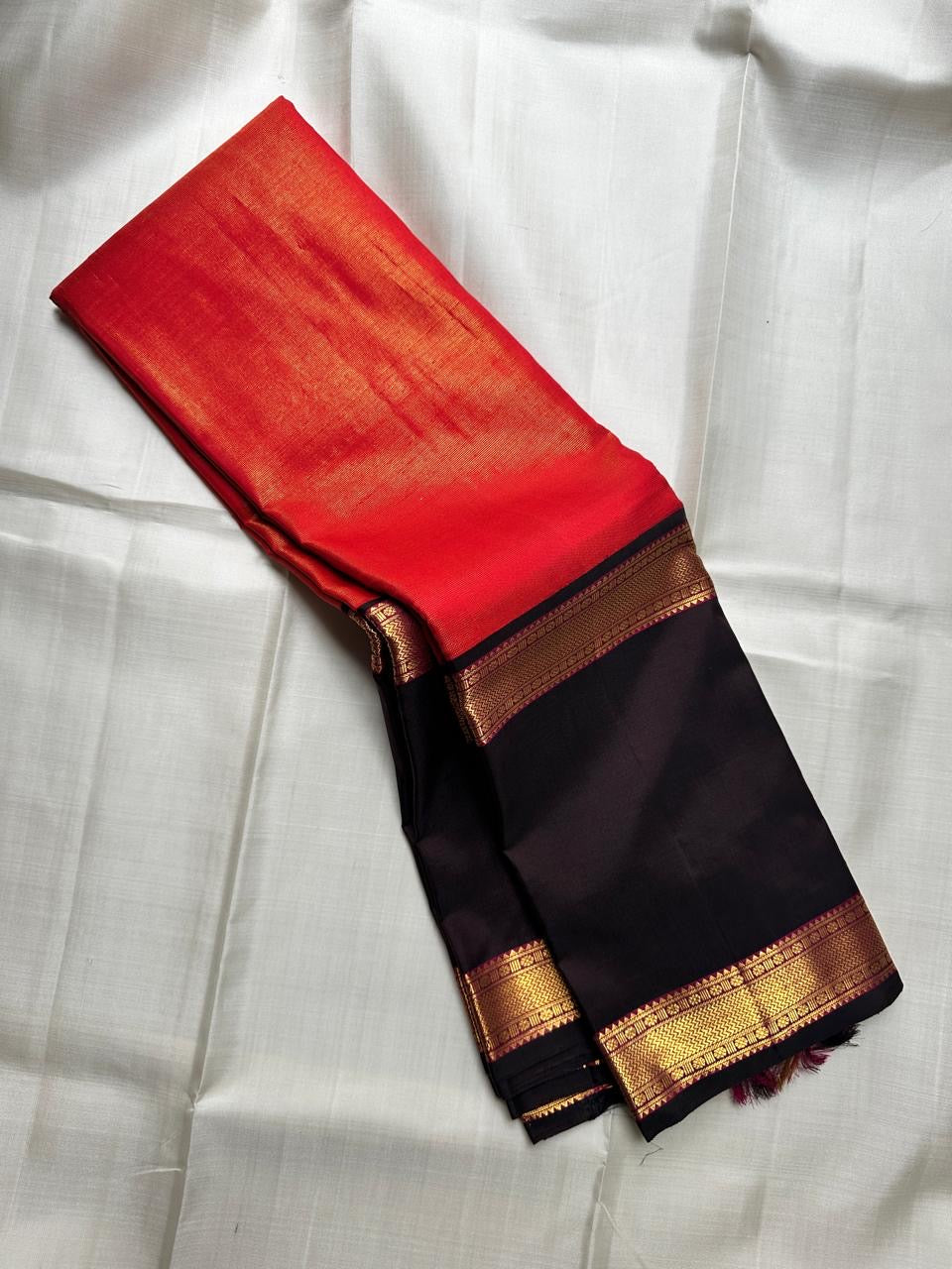 Red and Black Handwoven Pure Silk Kanchi Pattu Saree with Gold Zari Varisaipet Border