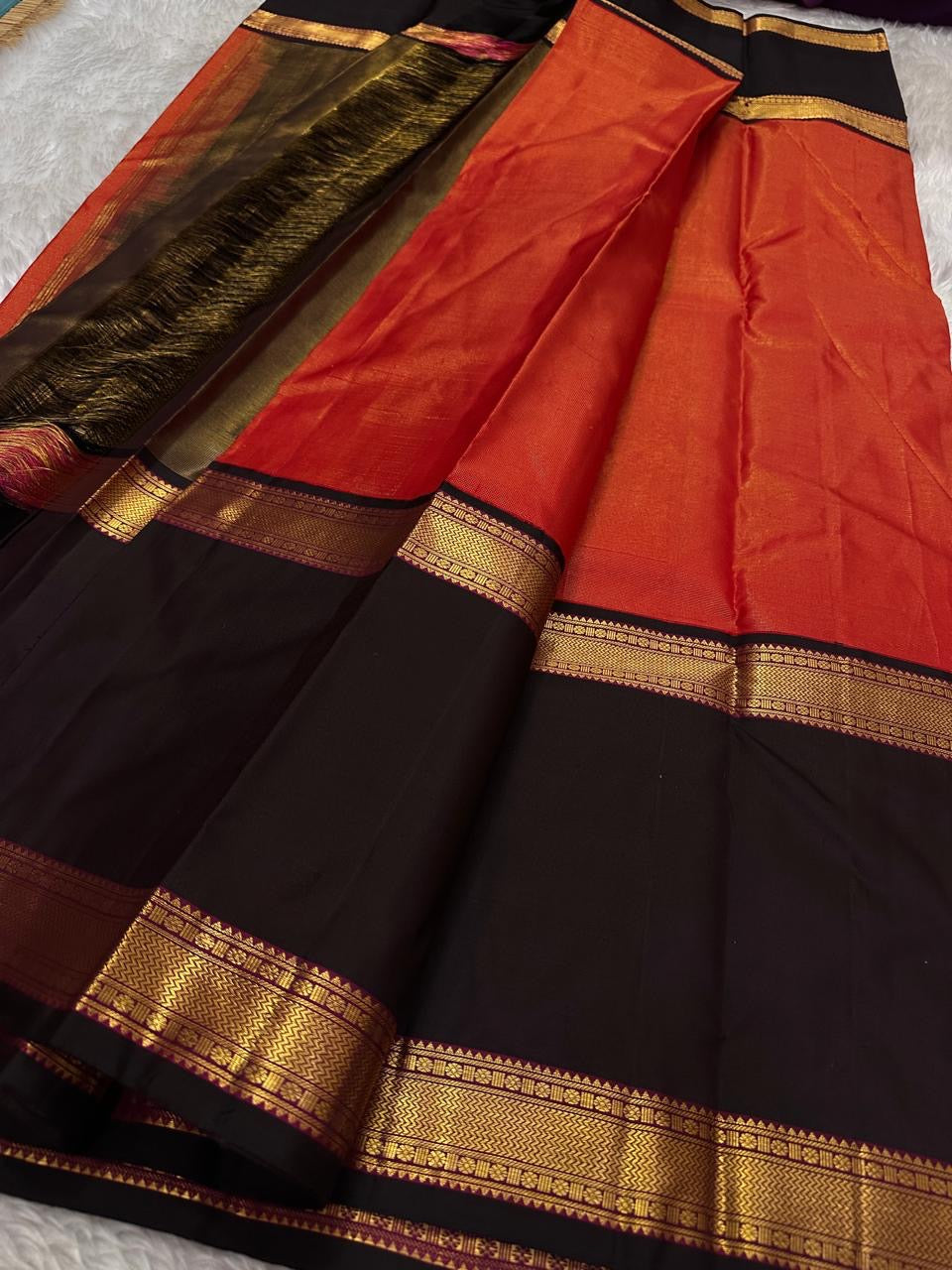 Red and Black Handwoven Pure Silk Kanchi Pattu Saree with Gold Zari Varisaipet Border