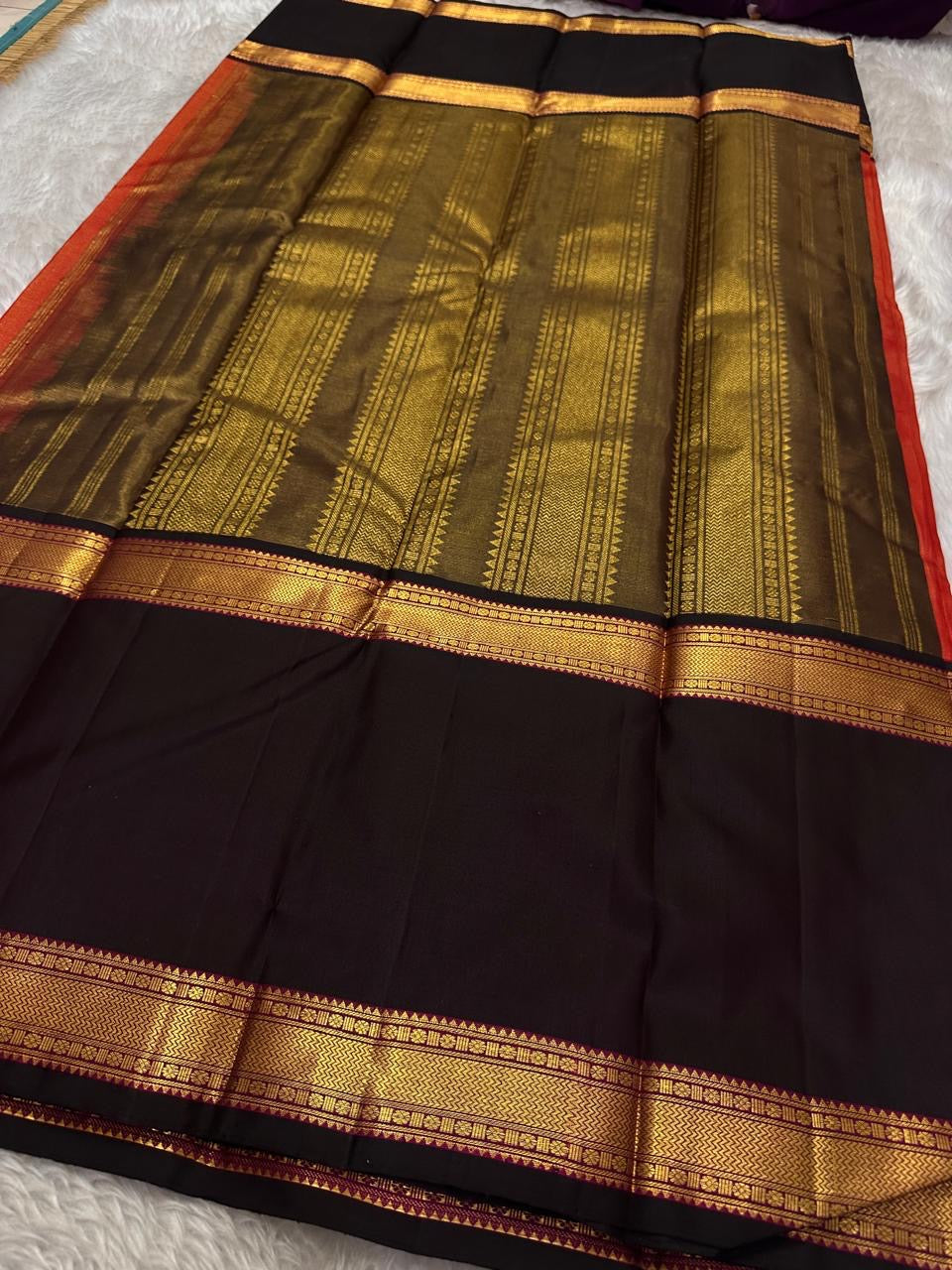 Red and Black Handwoven Pure Silk Kanchi Pattu Saree with Gold Zari Varisaipet Border