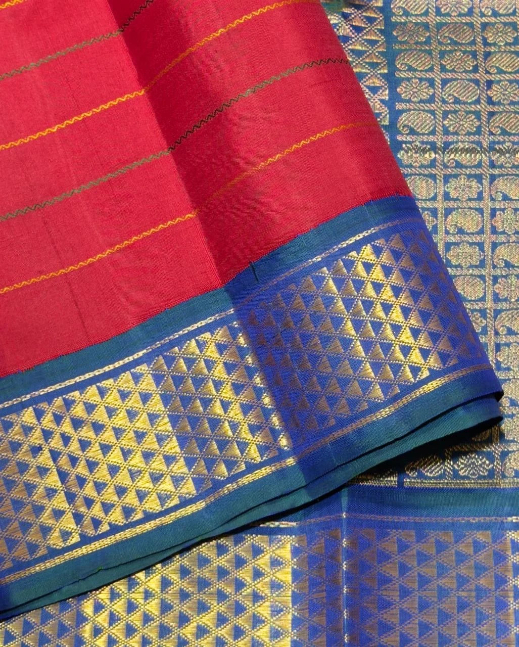 Cherry red and peacock blue Ganga Jamuna Korvai Kanchipuram pure silk saree