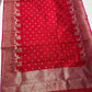 Detailed deer and palm-tree motifs woven along red Chanderi border