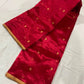 Crimson Red handloom Chanderi saree showing gold floral buttas scattered across the Jari Silk body