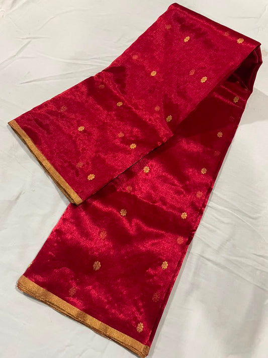 Crimson Red handloom Chanderi saree showing gold floral buttas scattered across the Jari Silk body