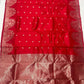 Red Chanderi saree with silver-toned floral buttas