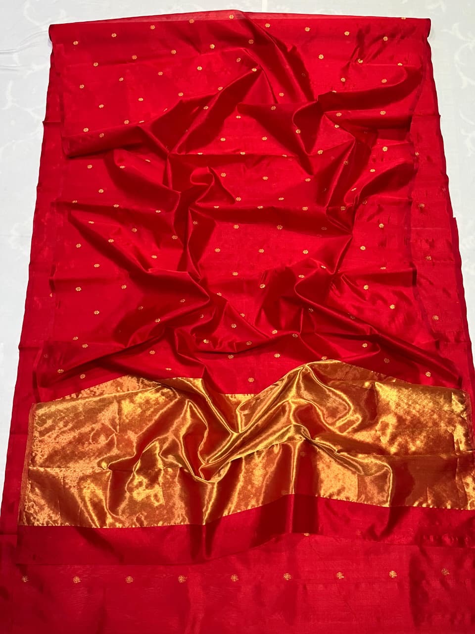 True Red Pure Silk Chanderi Saree with Floral Butta and Traditional Zari