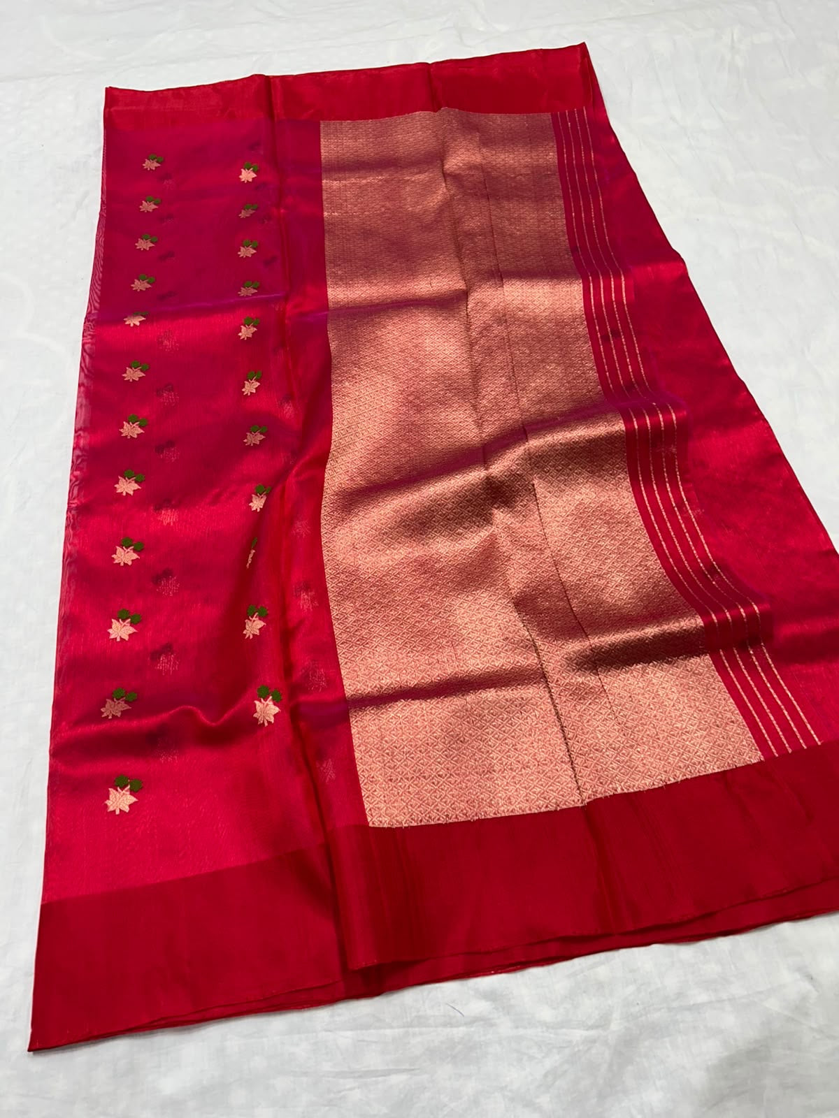 Close-up of petite floral motifs on Pattu Silk Chanderi
