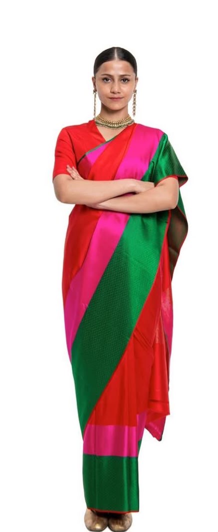 Pattu Silk Chanderi saree showing luminous red body and contrasting Mashru border