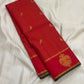 Long folded red checked pure Kanchipuram silk saree with small gold zari buttas and Gandaberunda motif border