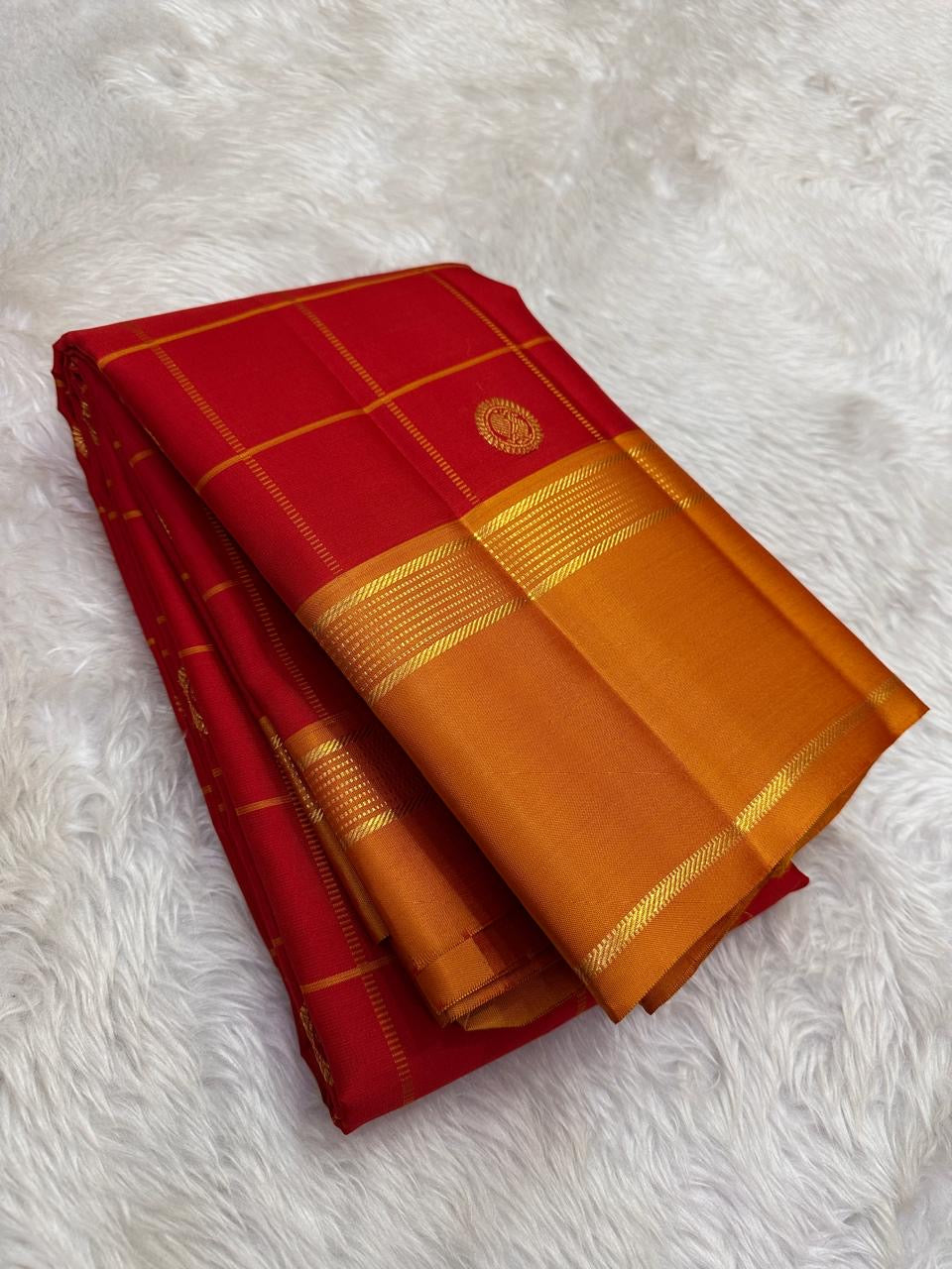 Classic Red pure silk Kanjeevaram saree — checked