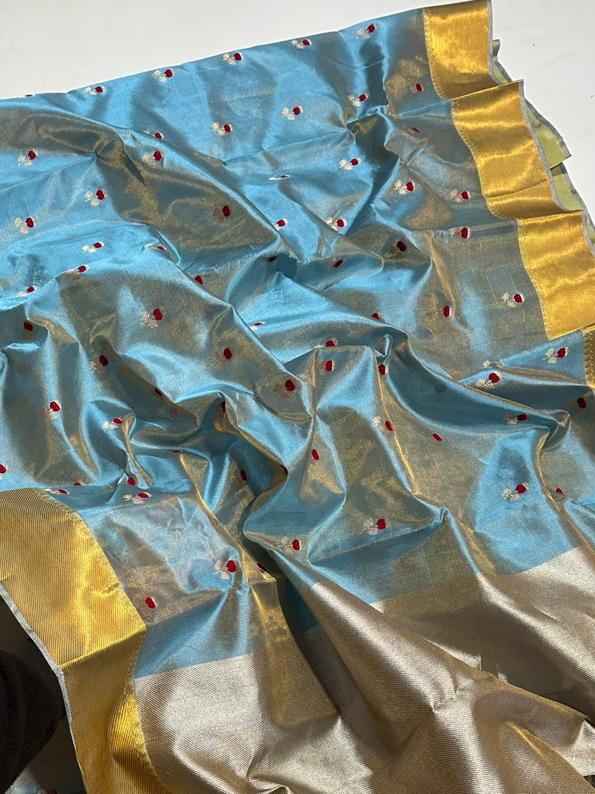 Blue Chanderi saree with pale metallic pallu