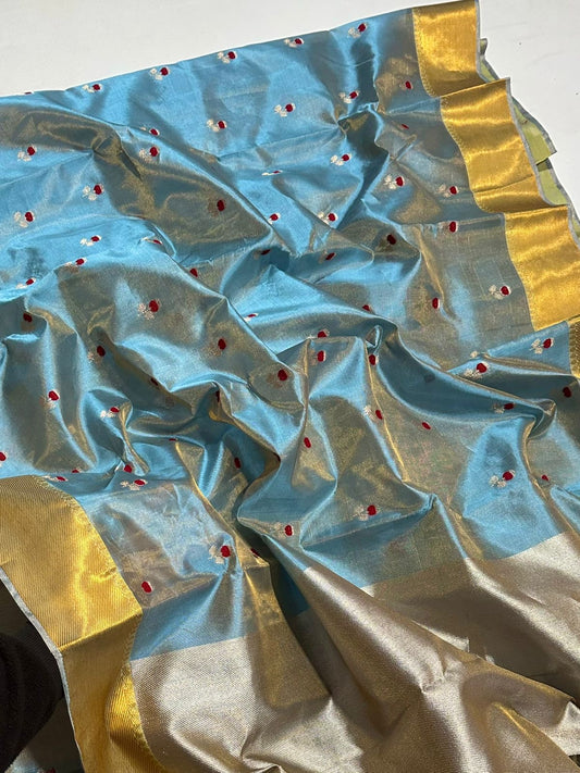 Blue Chanderi saree with pale metallic pallu