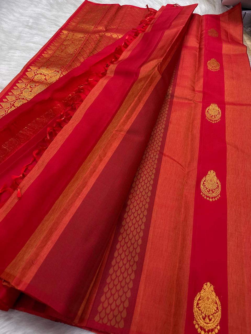 Handwoven red and copper-gold Pure Silk Kanchipuram saree