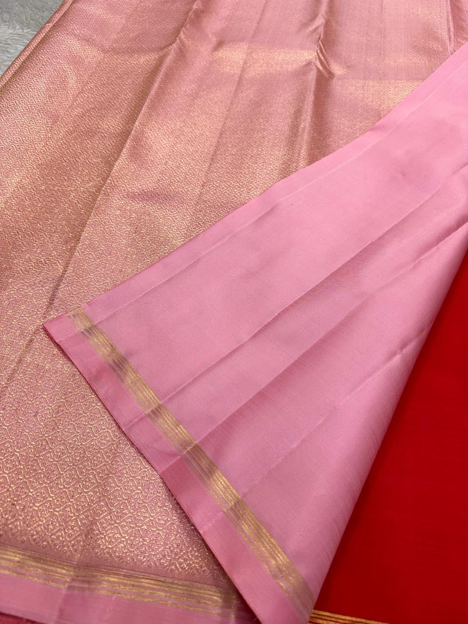 Red Handwoven Pure Silk KanchiPattu Butta Saree with Gandaberunda Gold Zari Motifs and Pink Border
