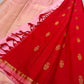 Red Handwoven Pure Silk KanchiPattu Butta Saree with Gandaberunda Gold Zari Motifs and Pink Border