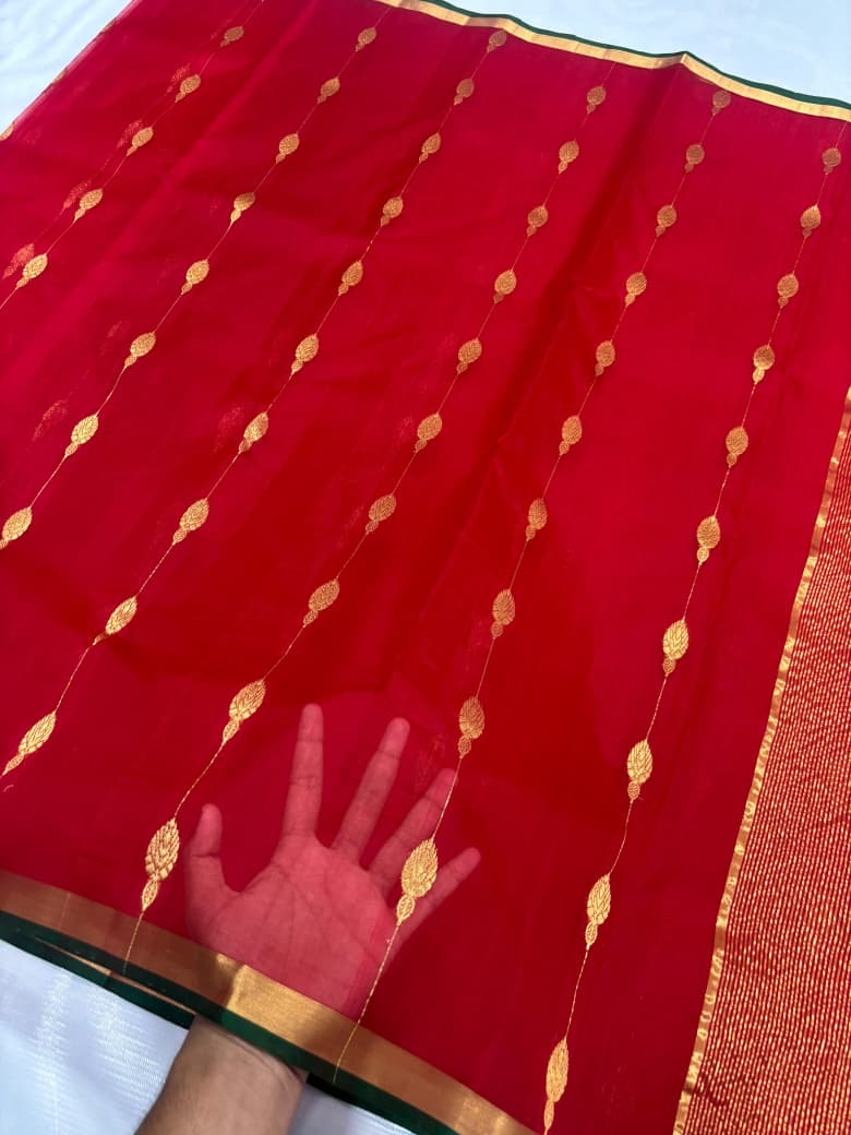 Gold-toned pallu of crimson-red Katan Silk Chanderi saree