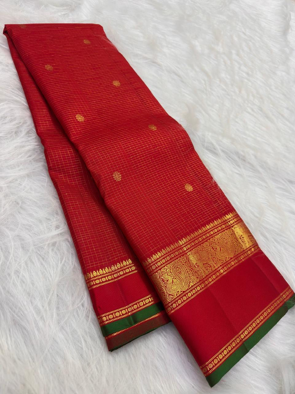 Red and Green Handwoven Pure Silk Kancheepuram Saree with Zari Kattam Grid and Kamalam Butta