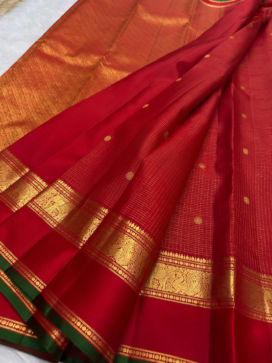 Red and Green Handwoven Pure Silk Kancheepuram Saree with Zari Kattam Grid and Kamalam Butta
