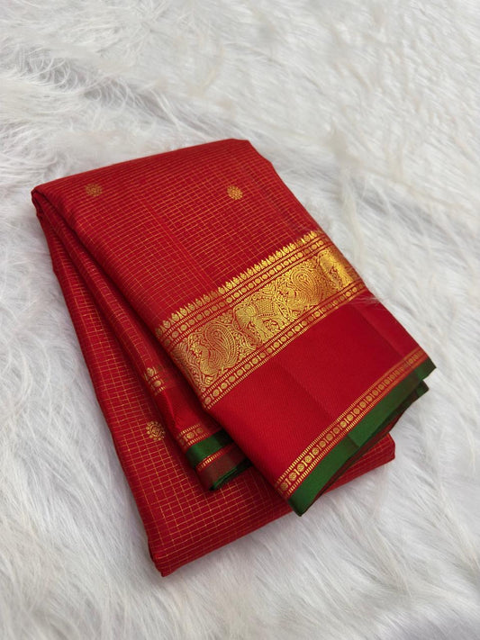 Red and Green Handwoven Pure Silk Kancheepuram Saree with Zari Kattam Grid and Kamalam Butta